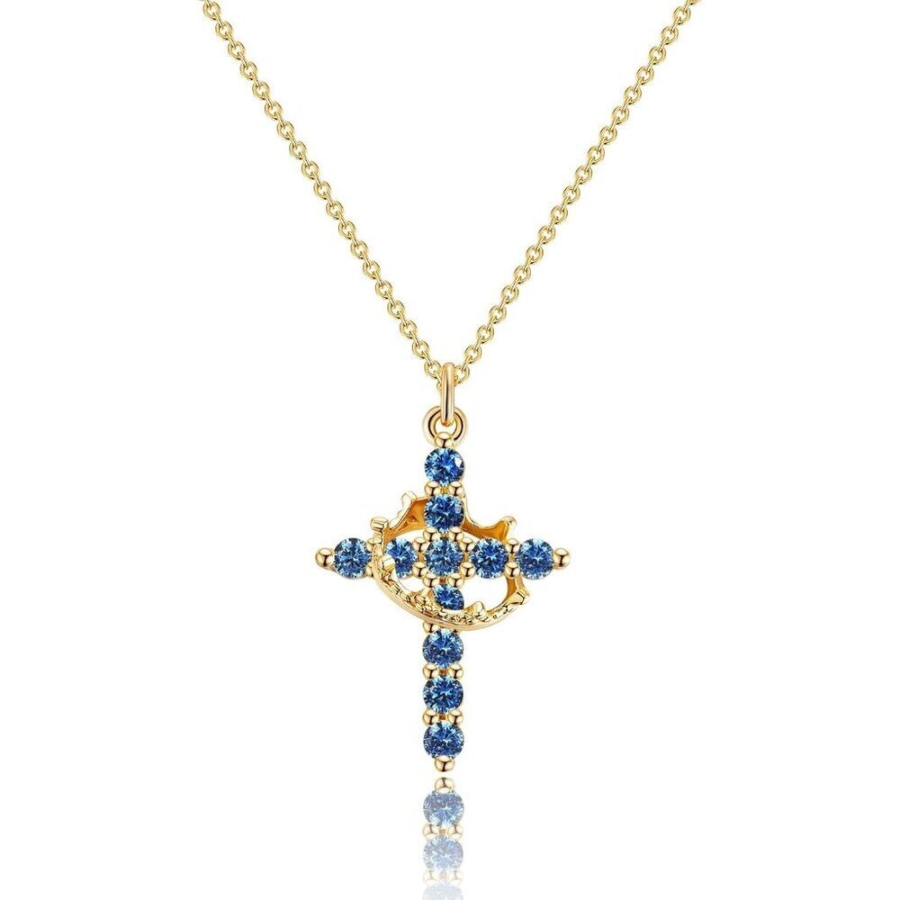 Women M09 Sapphire Blue, Sep 14K Gold Plated Crown Cross Necklace - Non-Tarnish